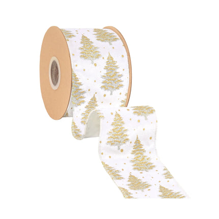 Glitter gold silver tree patterned white velvet ribbon with silver backing, suited for Christmas tree decor.