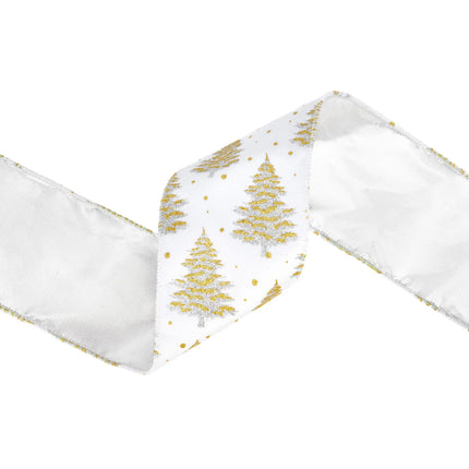 wired white velvet ribbon with sparkling forest print, great for winter floral and home embellishments.
