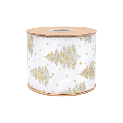 White velvet wired ribbon featuring metallic gold & silver tree prints, for holiday gift bows.