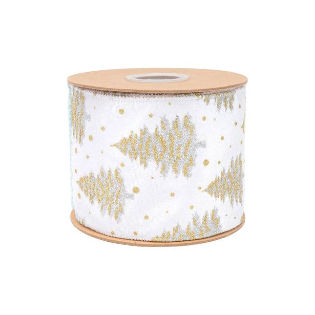 White velvet wired ribbon featuring metallic gold & silver tree prints, for holiday gift bows.