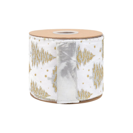 3 3/4" wired ribbon with glitter gold silver evergreen trees on white velvet and silver backing for seasonal crafts.