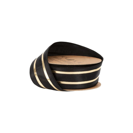 1 1/2" wired ribbon, sleek black fabric with shiny metallic gold horizontal stripes for elegant modern decor