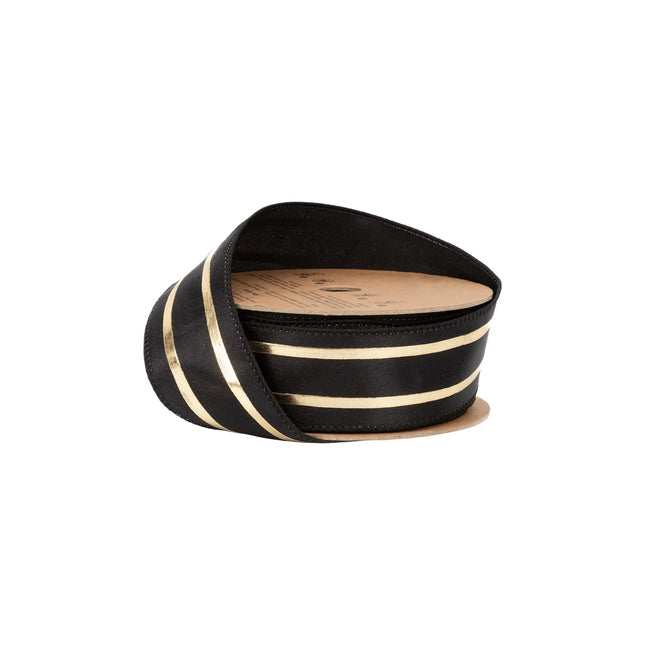 1 1/2" wired ribbon, sleek black fabric with shiny metallic gold horizontal stripes for elegant modern decor