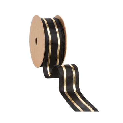 1 1/2" minimalist wired ribbon, classic black base with bold gold stripe accents for formal seasonal styling