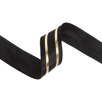 Premium wired craft ribbon featuring smooth black material and eye‑catching metallic gold stripe pattern