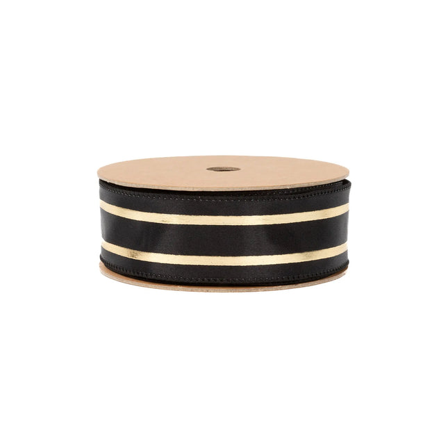Luxury blackâ€‘gold striped wired ribbon,  reflective gold detailing for gift wrapping and crafts