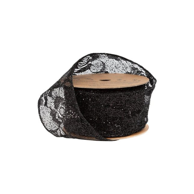 2 1/2" wired ribbon, delicate black glitter lace fabric for elegant decor