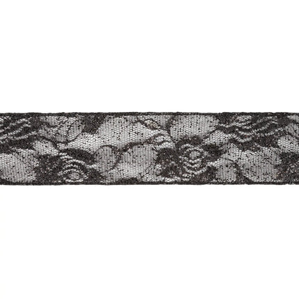 Elegant decorative wired ribbon, sheer black glitter lace construction for sophisticated holiday styling
