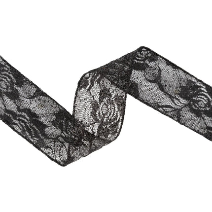 Romantic spooky wired ribbon featuring sparkly black floral lace texture for seasonal DIY projects