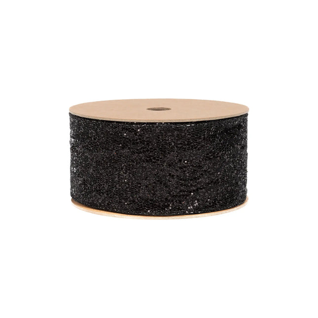 Sheer black glitter‑infused lace wired ribbon, with intricate openwork detailing for crafts