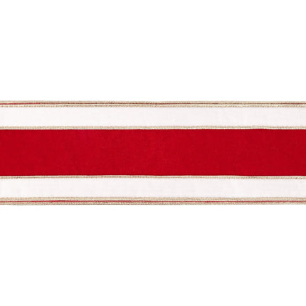 4-inch wired velvet ribbon with red white gold band design, great for vintage holiday home embellishments.