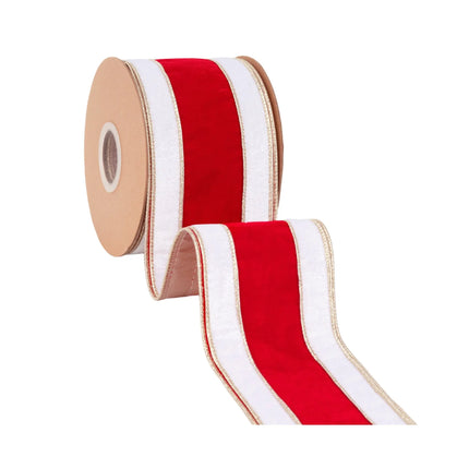 Bold red and white striped velvet ribbon edged in gold with gold backing, suited for Christmas tree trimming.