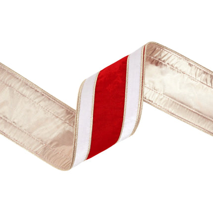 Festive banded velvet wired ribbon with red white stripes and gold backing for decorative projects.