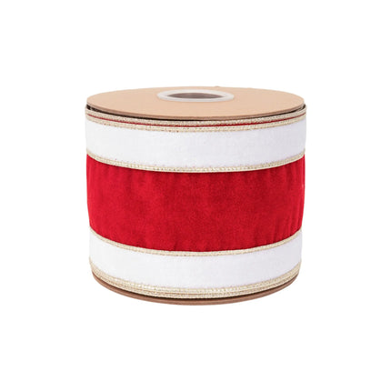 Red white gold banded wired velvet ribbon, 4-inch width, perfect for festive holiday gift bows.