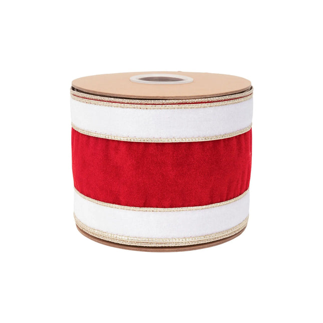 Red white gold banded wired velvet ribbon, 4-inch width, perfect for festive holiday gift bows.