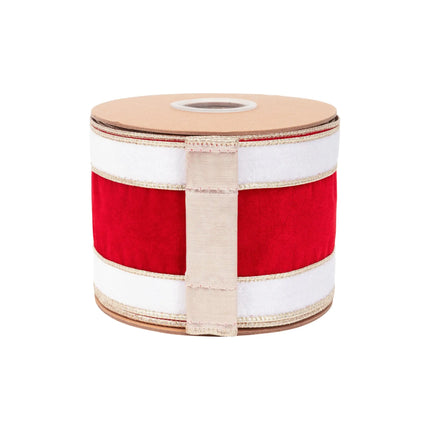 4" wired banded velvet ribbon featuring red-white stripes with gold trim and gold backing