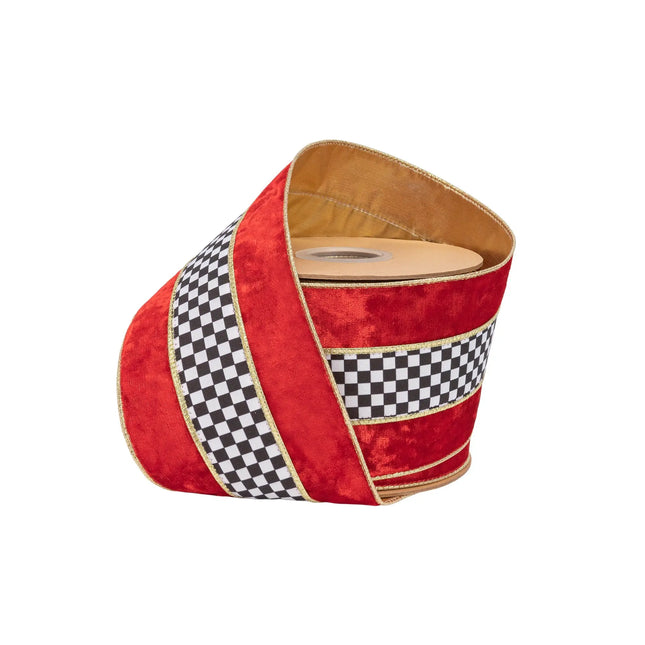 4" wired red velvet ribbon with black white check stripe and gold backing, ideal for Christmas wreath decor.