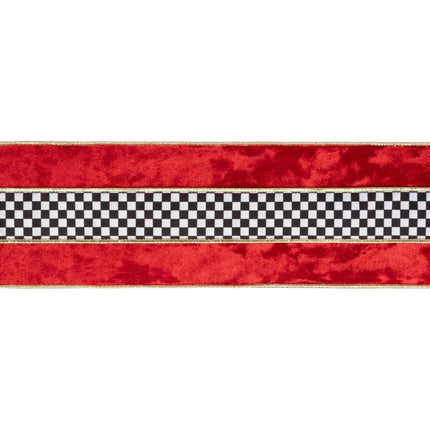 Stylish check band red velvet wired ribbon with gold backing, perfect for winter ornament projects.