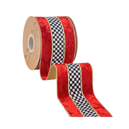 Vintage red velvet ribbon trimmed with black and white check band and gold backing, suited for seasonal tree embellishment.