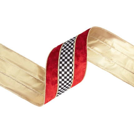 4-inch wired decorative velvet ribbon with red base, check stripe detail and gold lining for festive decor.
