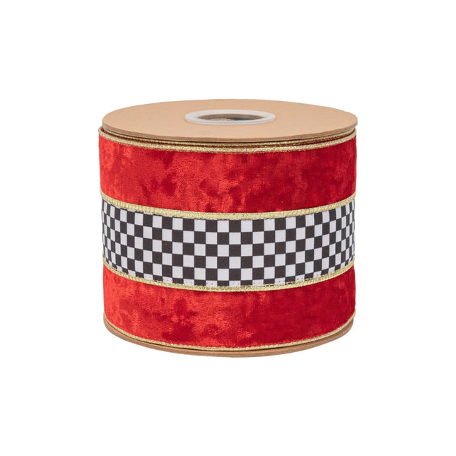 Red banded velvet wired ribbon accented with checkerboard print, 4-inch width for gift bows.