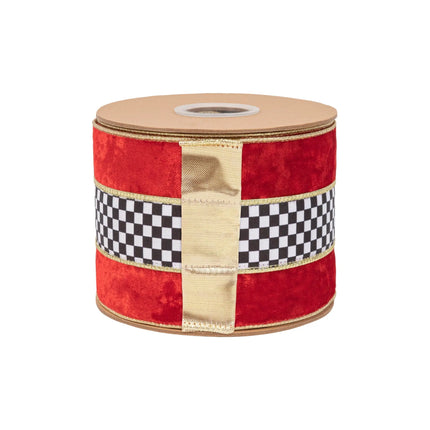 4" wired velvet ribbon featuring black-white check inlay on red fabric with shiny gold backing for DIY crafts.