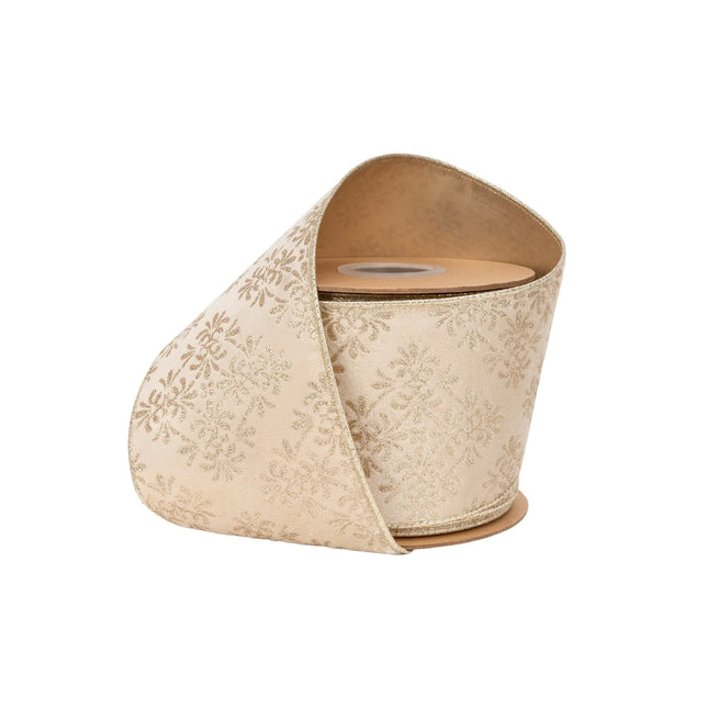 4-inch wired velvet ribbon with gold damask pattern on ivory base and matching gold backing