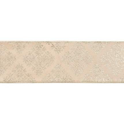 4-inch wide wired ribbon with luxurious gold damask print on velvet, backed by solid gold fabric