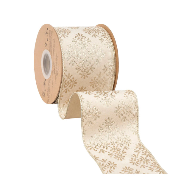 Premium 4" wired velvet ribbon featuring shimmering gold damask on ivory