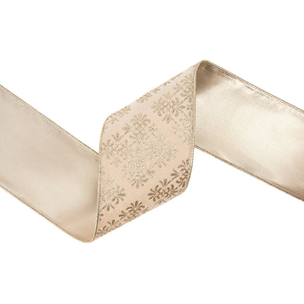 4" wired velvet ribbon with intricate gold damask pattern on ivory, offering a rich, two-sided design