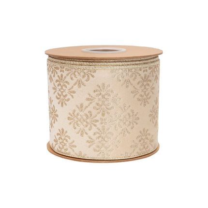 Luxurious gold damask wired velvet ribbon, 4 inches wide, with ivory front and gold backing