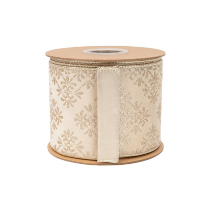 Ivory velvet ribbon with gold damask print and gold backing, 4-inch width, designed for structured, eye-catching holiday accents.