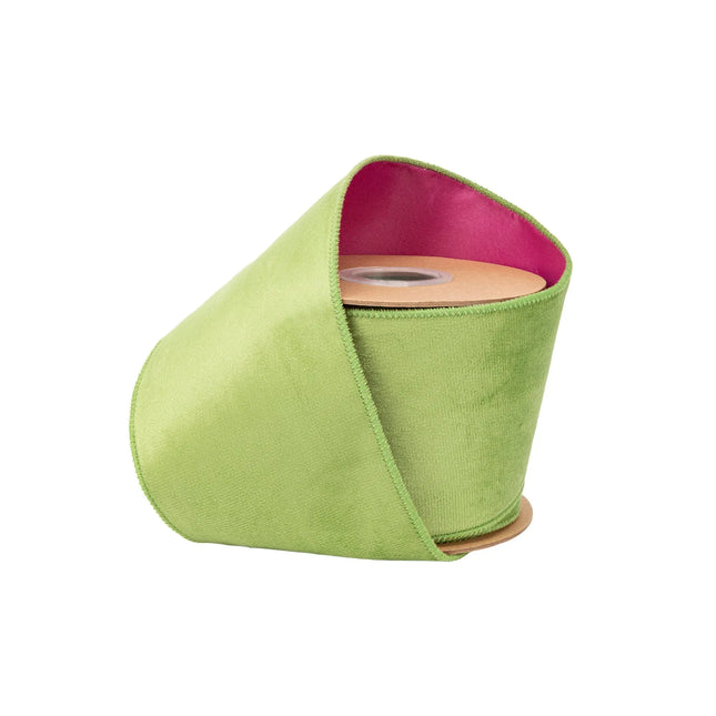 4" wired lime green velvet ribbon with fuchsia backing, ideal for spring wreath and floral decor.