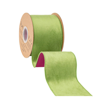 4" wired velvet ribbon featuring lime green front and fuchsia inner lining for seasonal DIY craft projects.