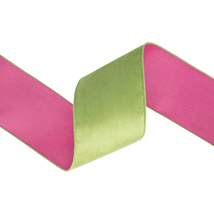 Two-tone lime green and fuchsia wired velvet ribbon, suited for summer party and home accent embellishments.