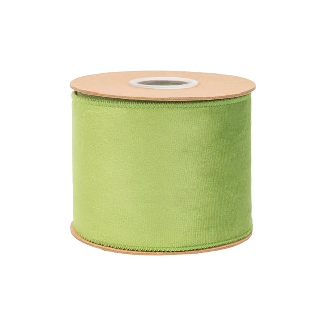 Lime green velvet wired ribbon with hot pink backing, 4-inch width for vibrant handmade gift bows.