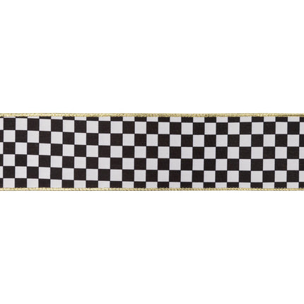 Stylish checkered wired ribbon with gold inner backing, perfect for whimsical festive decoration projects.