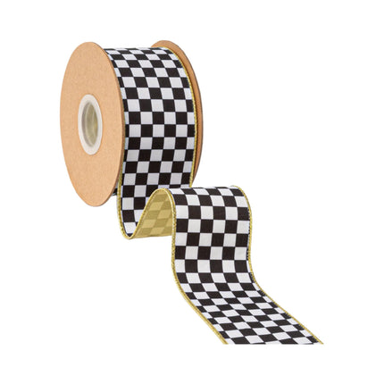 Classic checkerboard wired ribbon with gold trim and gold backing, suited for holiday tree trimming.