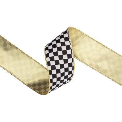 2.5-inch wired black white check ribbon with gold backing, great for farmhouse seasonal home accents.