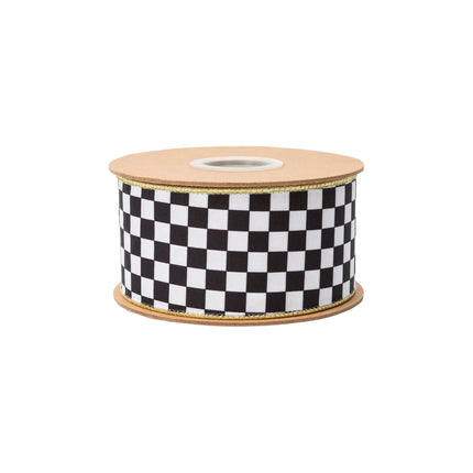 Black and white check wired ribbon with gold lining, 2.5-inch width for handmade gift bows.
