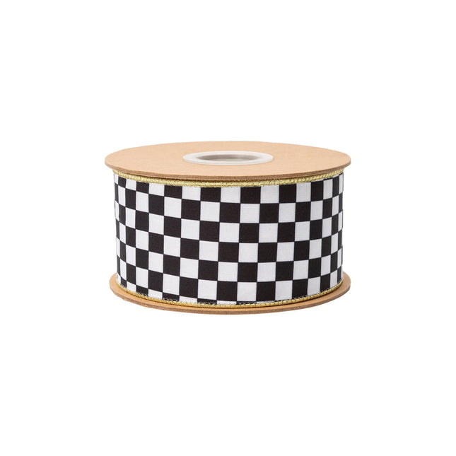 Black and white check wired ribbon with gold lining, 2.5-inch width for handmade gift bows.
