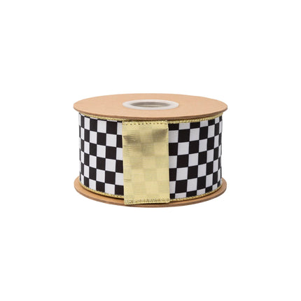 2 1/2" wired check print ribbon featuring classic black-white squares and shiny gold backing for DIY crafts.