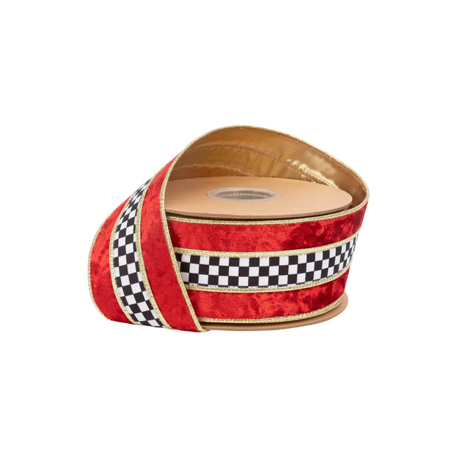 2 1/2" wired red banded velvet ribbon with black white check stripe and gold backing, great for Christmas decor.