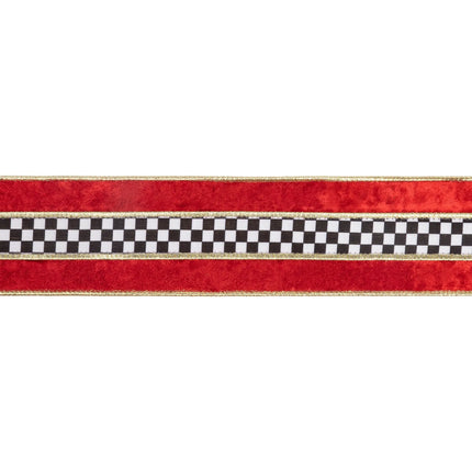 Stylish banded red velvet wired ribbon with black white checker detail and gold backing for party decor.