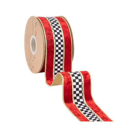 Bold red velvet ribbon with check inlay and gold backing, suited for holiday tree trimming and home accents.