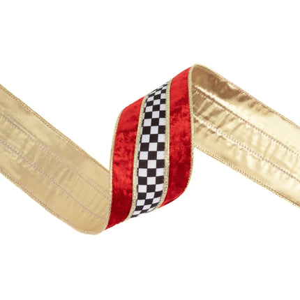 2.5-inch wired decorative red velvet check ribbon with gold backing for farmhouse festive ornament projects.