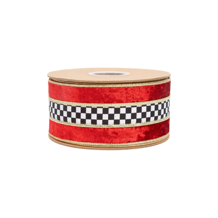 Red velvet wired ribbon with checkerboard accent and gold lining, 2.5-inch width for whimsical gift bows.