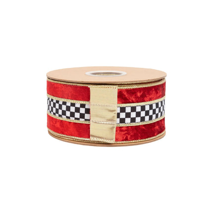 2 1/2" wired velvet ribbon combining red bands, black-white check print and gold backing for DIY crafts.