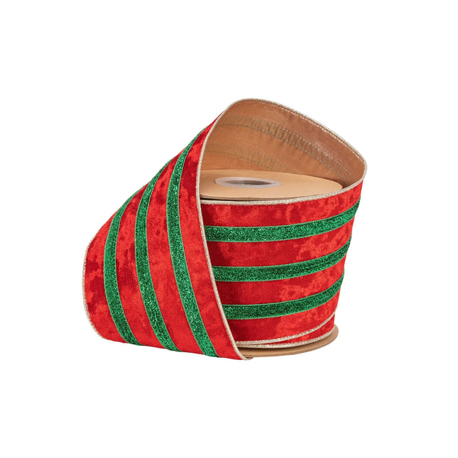 4" wired red velvet ribbon with green glitter stripes and gold backing, perfect for traditional Christmas wreath decor.