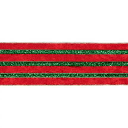 Holiday themed red velvet wired ribbon with green glitter trim and gold backing for ornament decor.